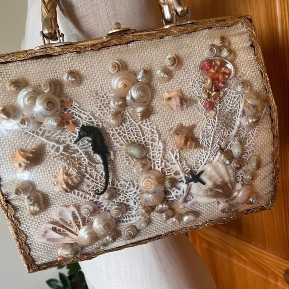 1950s 1960s Vintage Wicker Seashell Purse Handbag Woven Seahorse Starfish - Picture 2 of 14